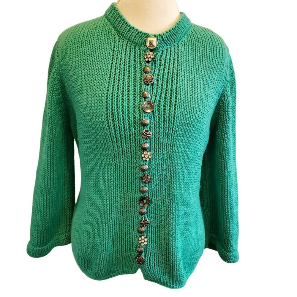 Green Cardigan Sweater Cotton Ornate Buttons Chunky Size M/L